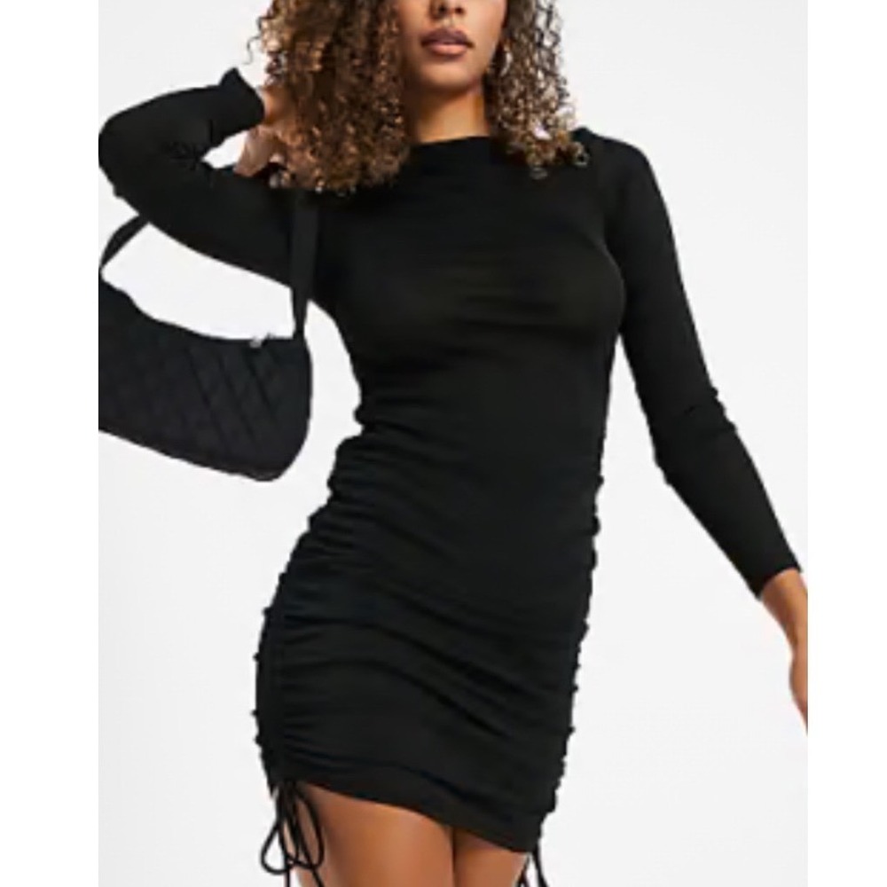 Lioness Bodycon Mini Dress Ruched Drawstring Long Sleeve Black Party A6